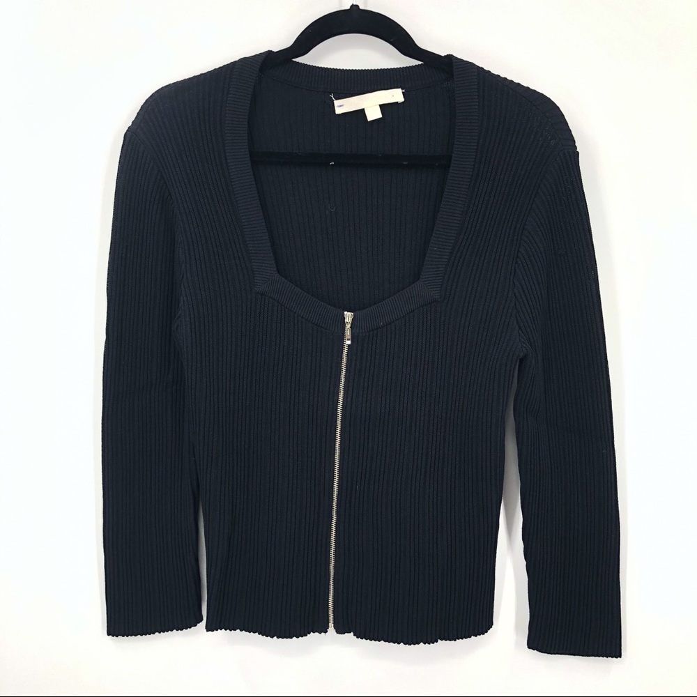 Jonathan Simkhai Ribbed Square Neck Zipper Front Black Sweater Blouse Top Medium